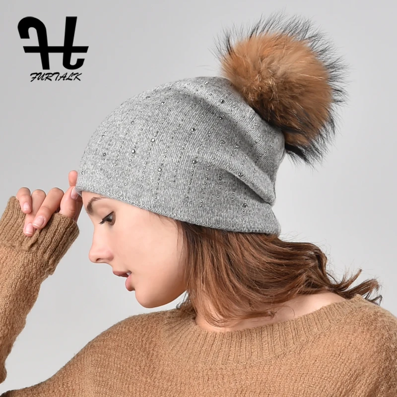 FURTALK Knitted Beanie Hat Women Rabbit Fur pompom Cap Winter Autumn Slouchy Hats for Female 2019 | Аксессуары для одежды
