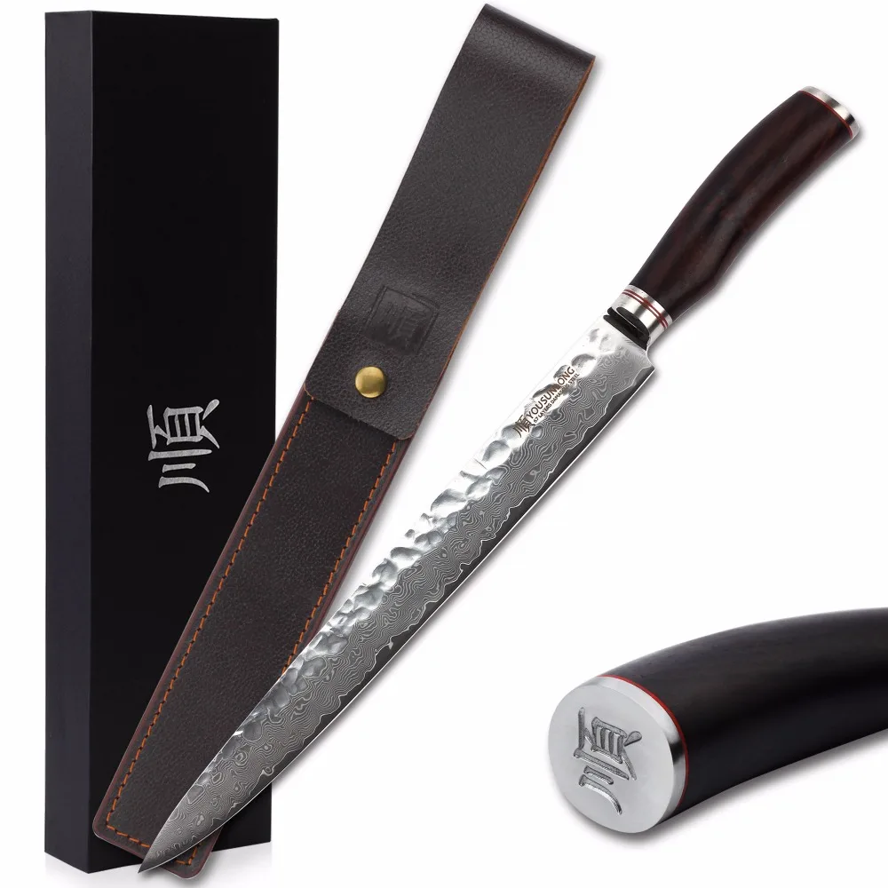 

YOUSUNLONG Carving Knife 12 inch Slicer Japanese VG10 Damascus Natural Ebony Handle with Leather Sheath