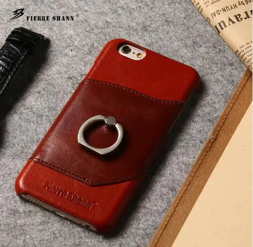 Fierre Shann QS Luxury Genuine Leather Cover Metal Finger Ring Back Coque for iPhone 6 6S 7 Plus Case Capa | Мобильные телефоны и