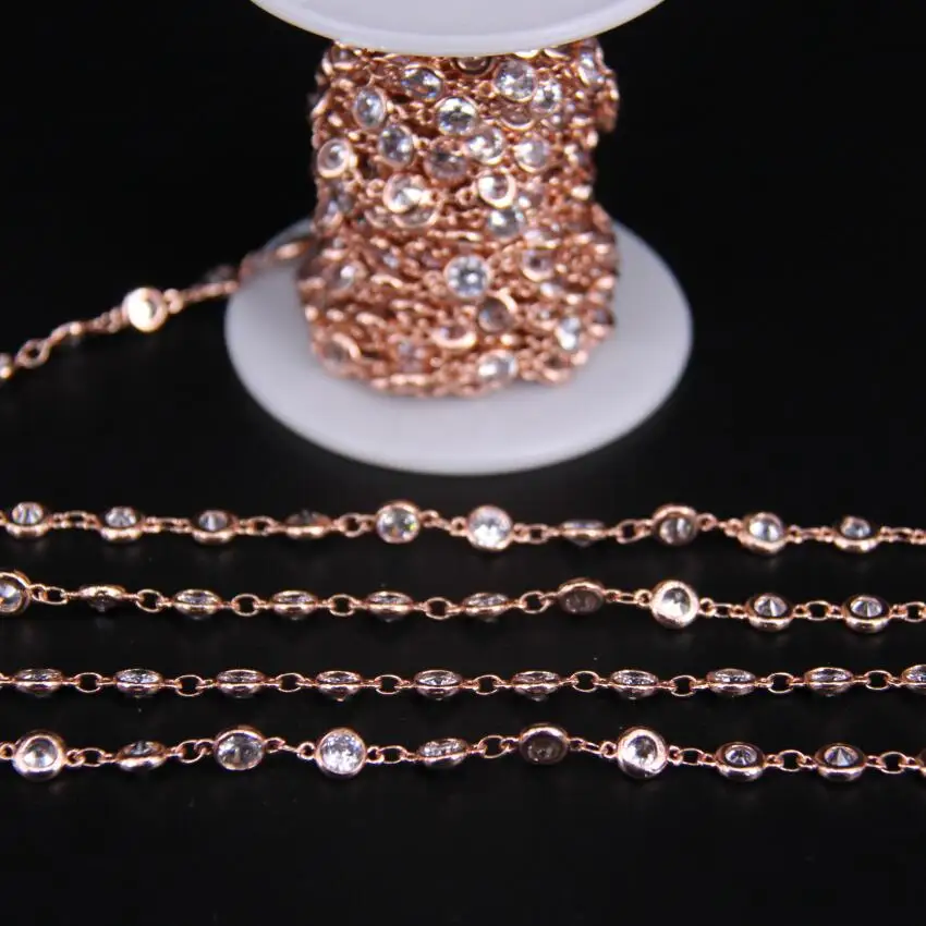 

6mm,Flat Coin White Cubic Zircon Rose Gold Rosary Chain,Faceted Round beads Zircon Chains,CZ Fashion Necklace Jewelry