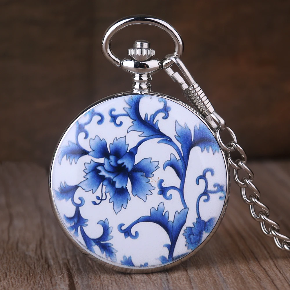 Antique Chinese Retro Porcelain Flower Ceramic Mechanical Pocket Watch Roman Number Men Women Pendant Chain Gift | Наручные часы