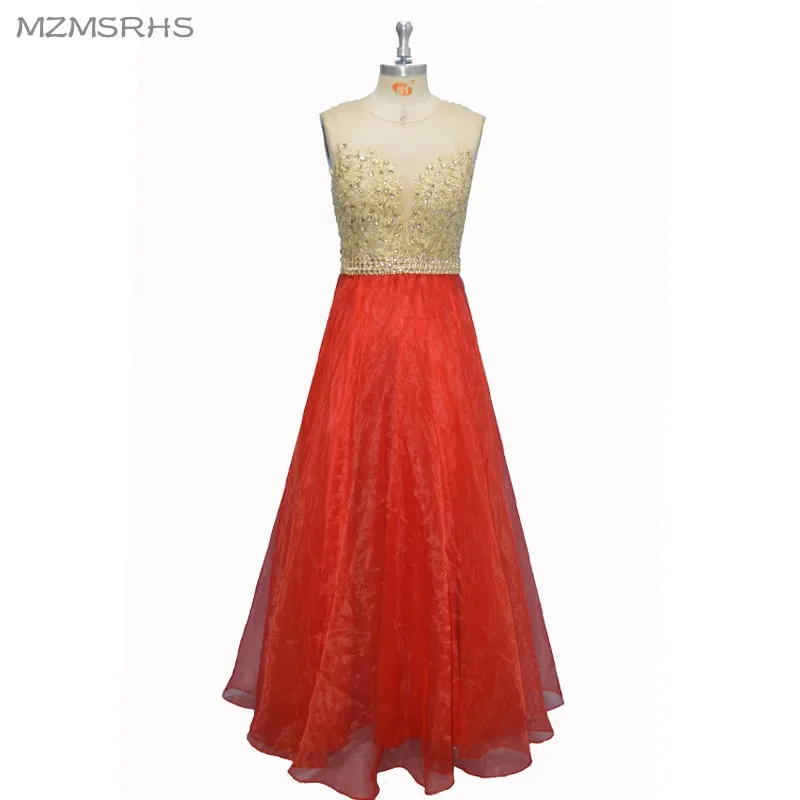 Женское прозрачное вечернее платье длинное красное из органзы с аппликацией и