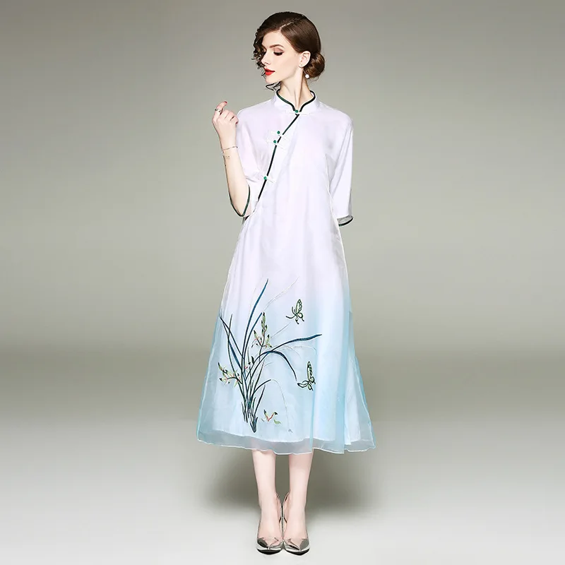 Элегантный китайский Стиль вышивка Cheongsam женское платье Лето 2018 высокое качество