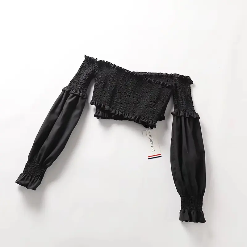 Женский плиссированный топ с рукавами-фонариками короткий шифоновый оборками на