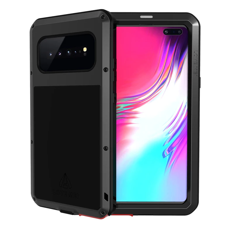 Black S10 5G LOVE MEI мощный чехол со стеклом для samsung Galaxy S10 5G Роскошный Алюминиевый металлический бронежилет брызгозащищенный противоударный чехол - Цвет: Black