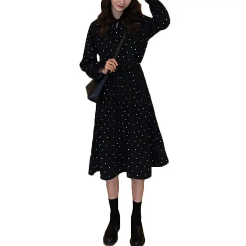 Женское шифоновое платье в горошек плиссированное корейское средней длины с