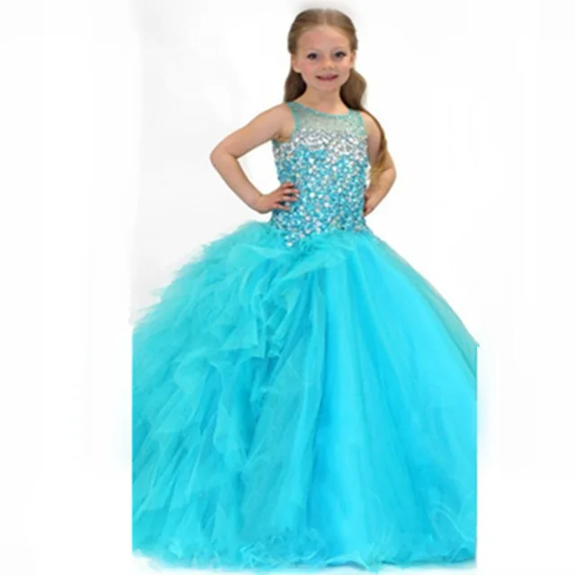 2017 Топ Дети Причастие Платья Для Девочек Scoop Блестками Бальное платье Синий