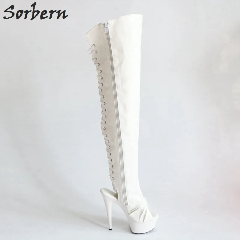 Sorbern Fashion Over The Knee Boots For Women Open Toe Lace Up Back Custom Leg White Boots Opening Of The Boot Women Wide Fit