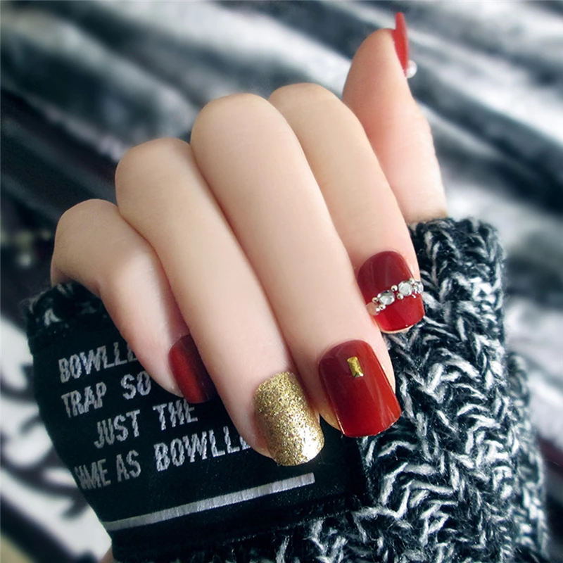 24 Pcs Acrylic Fake Fingernails Full Cover False Dark Red Nail Art DIY Display | Красота и здоровье