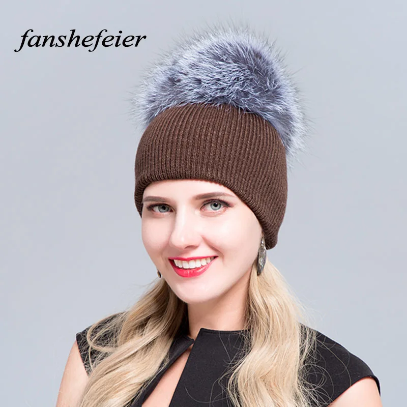 Fanshefeier натуральный мех енота помпон однотонные горнолыжные шапки зимние шапочки