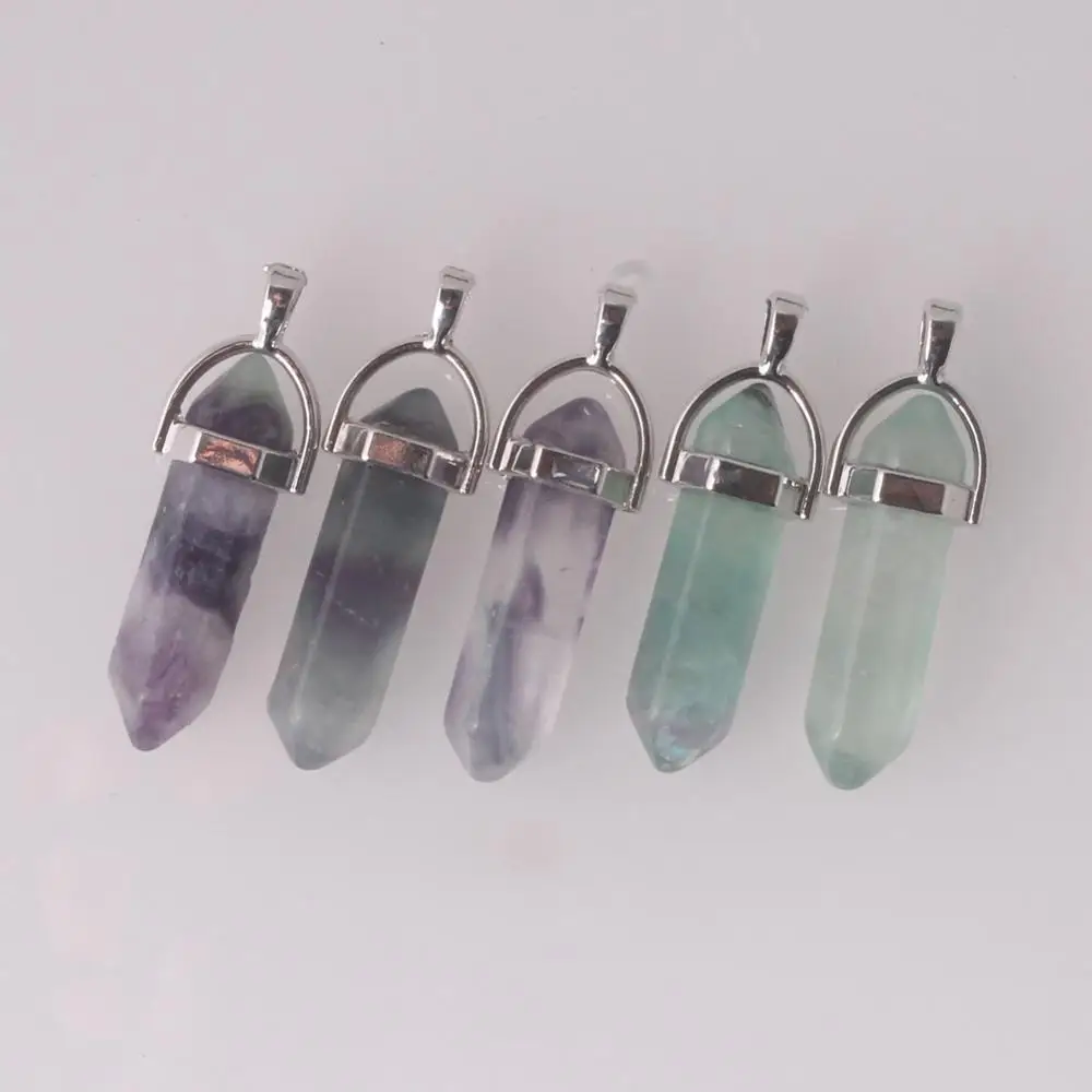 

24pcs Fluorite Pendant Natural Stone Quartz Bullet Hexagonal Point Amulet Pendulum Column Reiki Healing Meditation Chakra Free