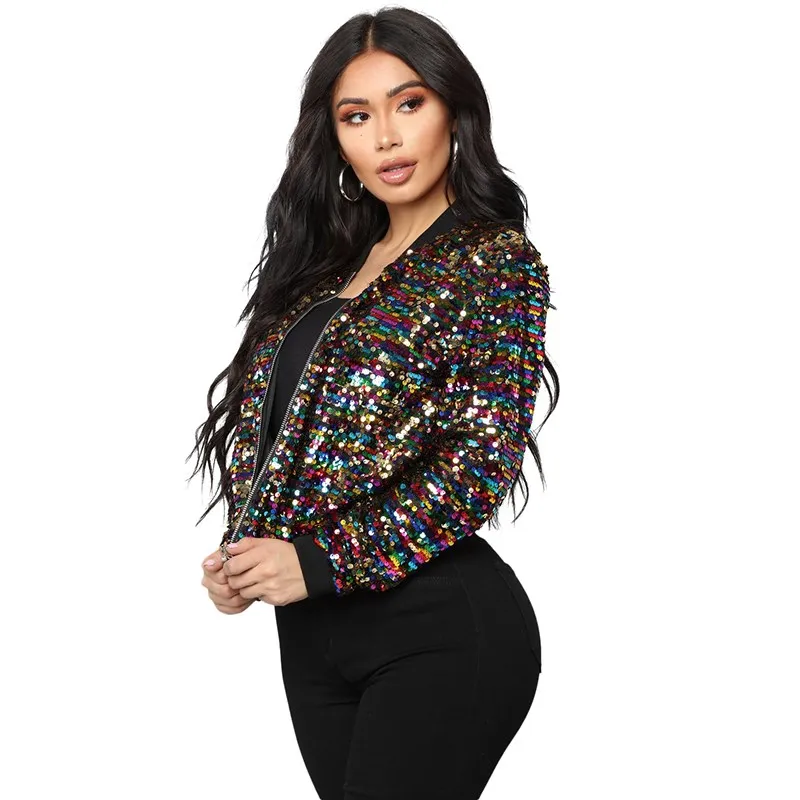 

2019 Women Colorful Sequin Basic Jackets Casual Bling Bling Glitter Coat Cool Street Long Sleeve Bomber Jacket