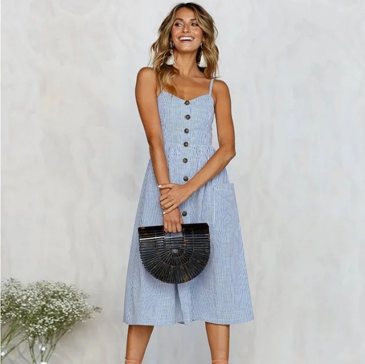 BKLD Elegant Stripe Button Sexy Casual Summer Strap Dress Beach Pockets Women Sundress Vestidos Daily Female Knee-Length Dresses | Женская