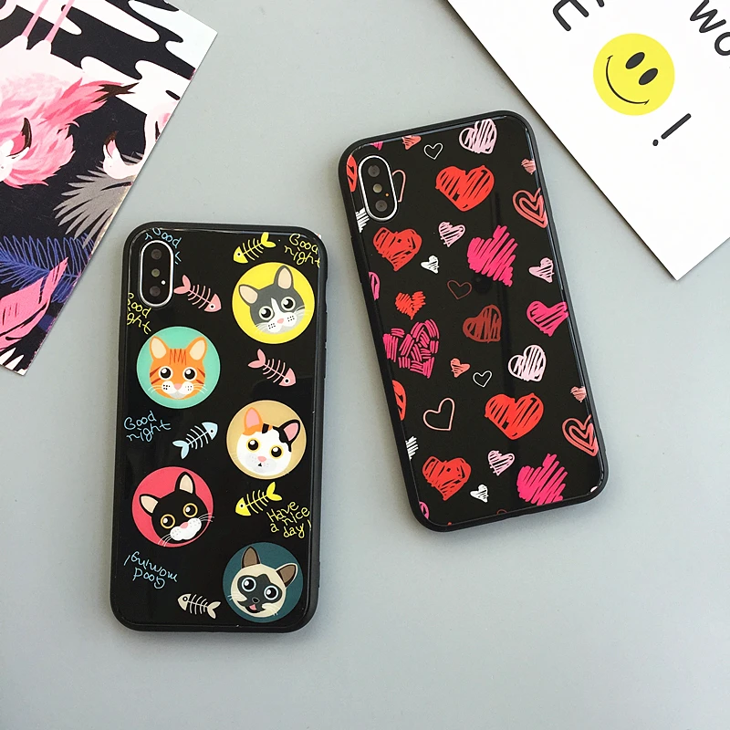 Черный Стекло чехол для iPhone X 10/8 plus, 7, 7Plus закаленное Стекло для iPhone 6 6 S plus чехол lover Кот яркий экран из закаленного стекла