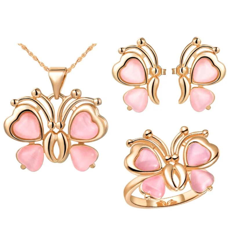 Новинка лидер продаж ожерелье + серьги в форме бабочки с розовым опалом золотого