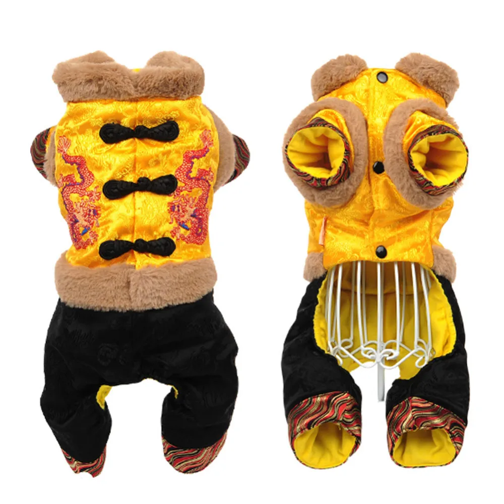 HOOPET Pet Chinese Dragon Traditional Costume Warm Thick Dog Cat Winter Jumpsuit Clothes Jacket Tang Suit|dog winter suit|dog clothes warmdog warm |