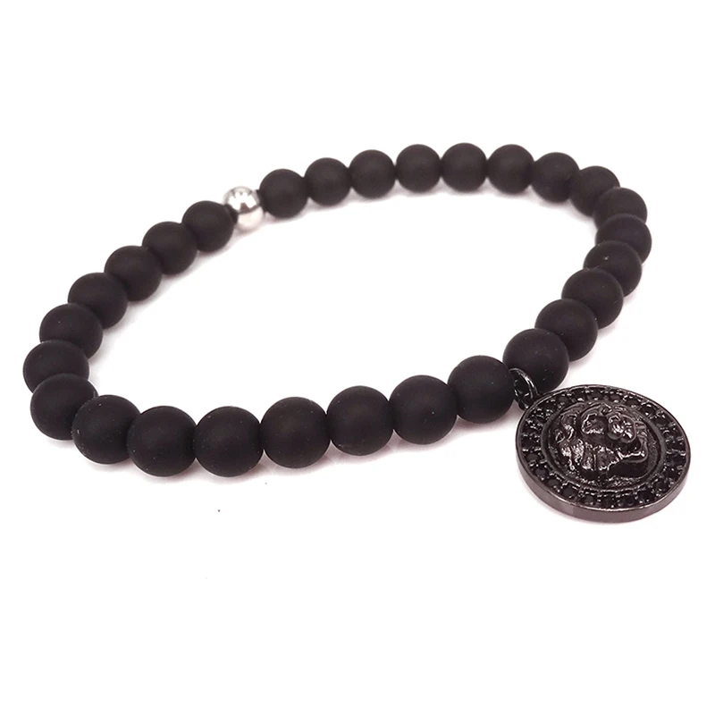 Модный микро-браслет с черным кубическим цирконием голова льва мужские бусины