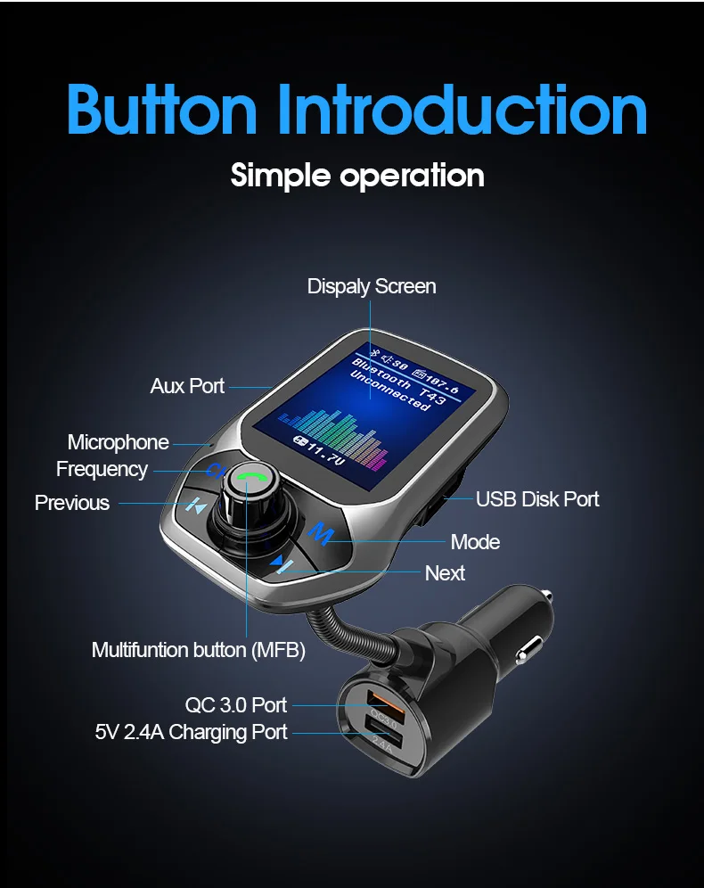 T43 1," цветной экран Bluetooth автомобильный комплект громкой связи USB 3,0 Быстрая зарядка fm-передатчик MP3 музыкальный плеер Bluetooth автомобильный комплект