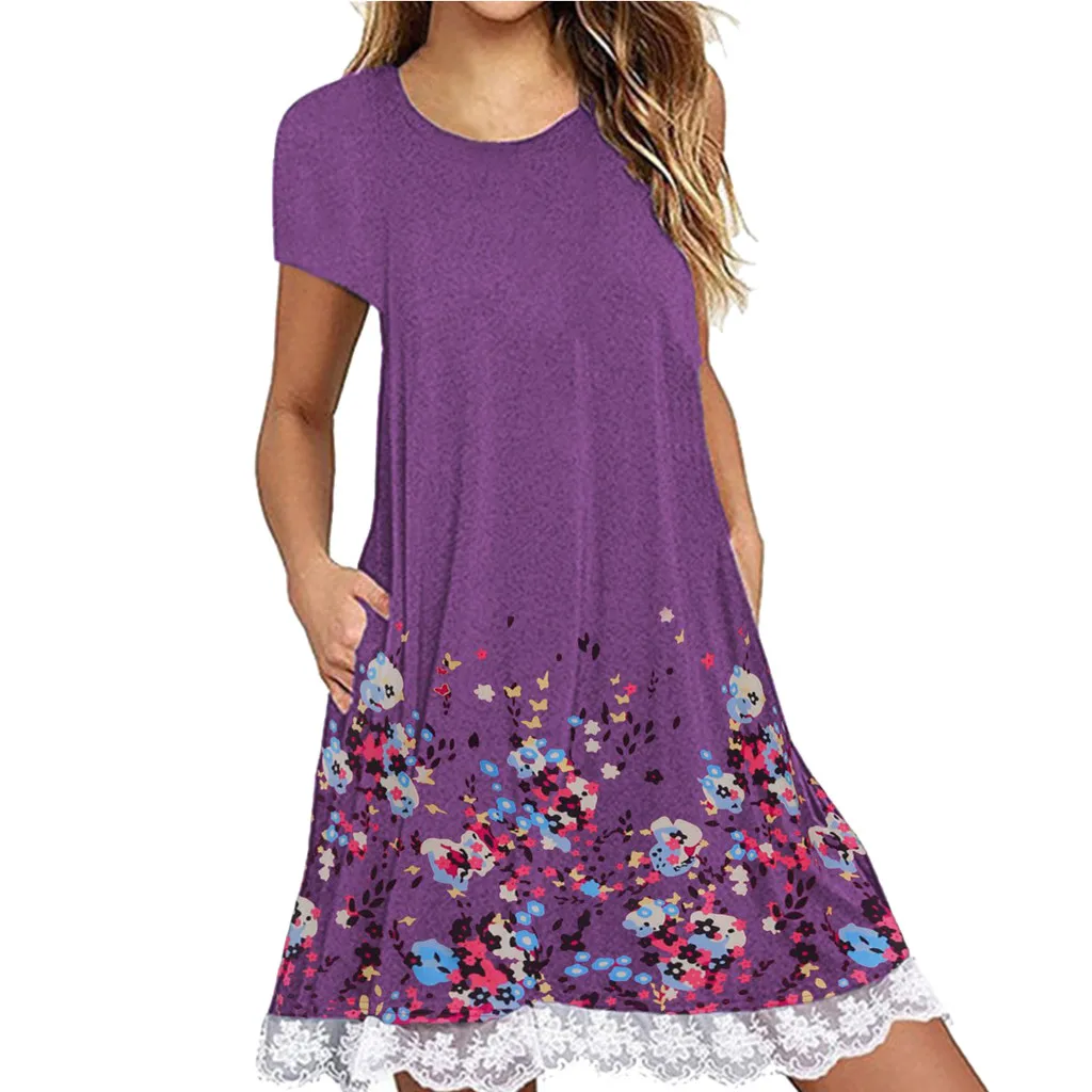 Женское платье с кружевом винтажное Повседневное круглым вырезом и принтом