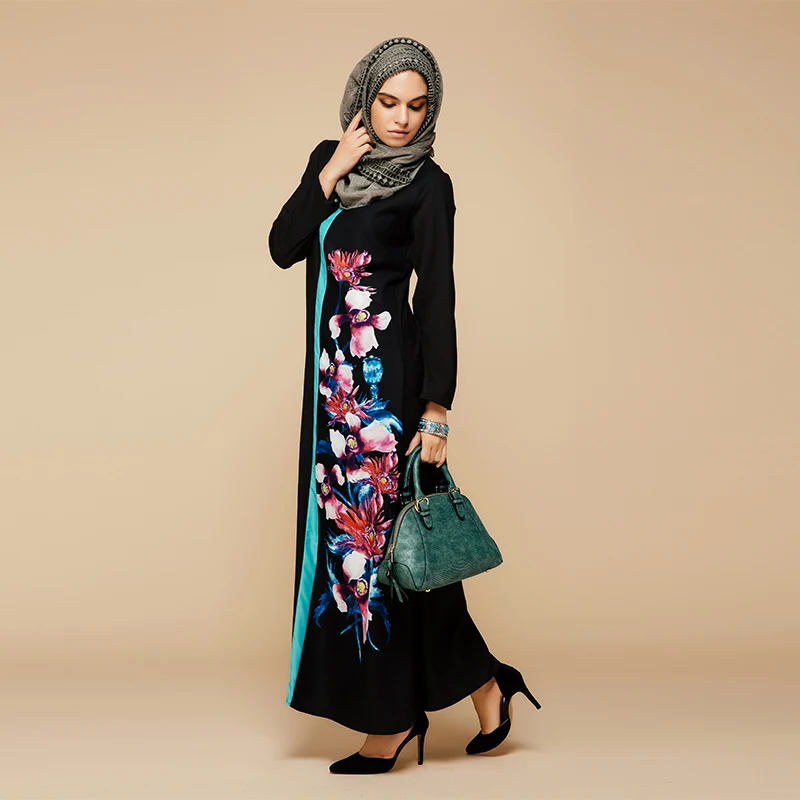 Women Flower Print Robe Muslim Arab Kaftan Dress Plus Size Dubai Clothes Turkish Style Black Maxi Islamic Abaya Casual Vestidos |