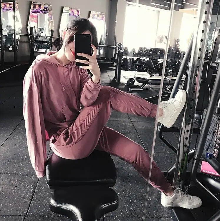 pink Женский спортивный комплект с длинным рукавом, сексуальный спортивный костюм с капюшоном, спортивный костюм для йоги, бега, спортивная одежда для тренировок - Цвет: pink