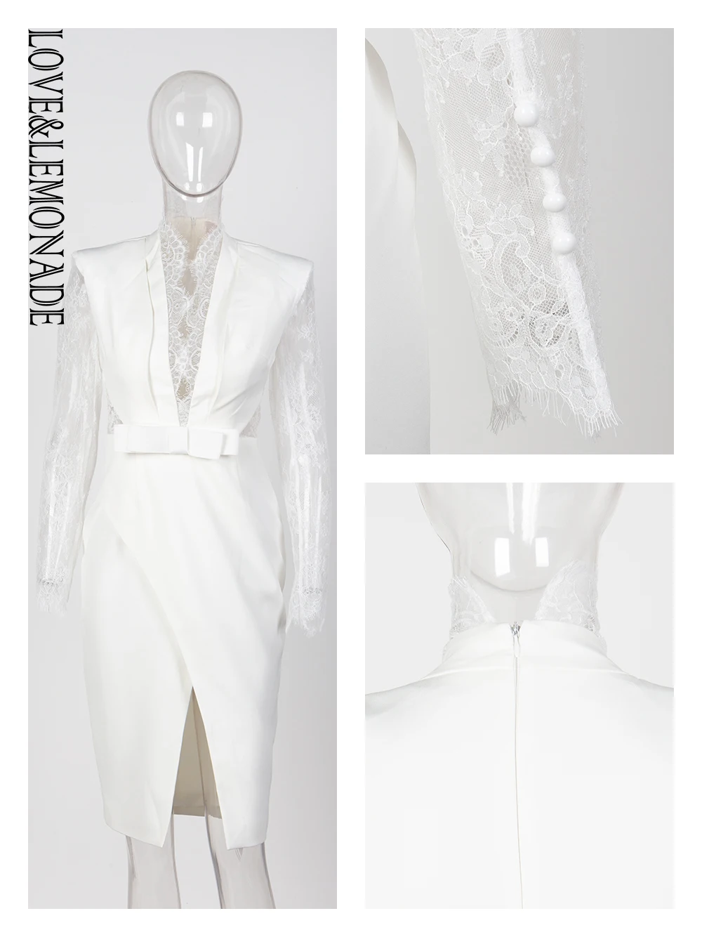 Платье для вечеринки LOVE&ampLEMONADE с высокой талией, декорированное бантом, с кружевными вставками и воротником подчеркнутой формы LM88951-2 БЕЛОЕ.