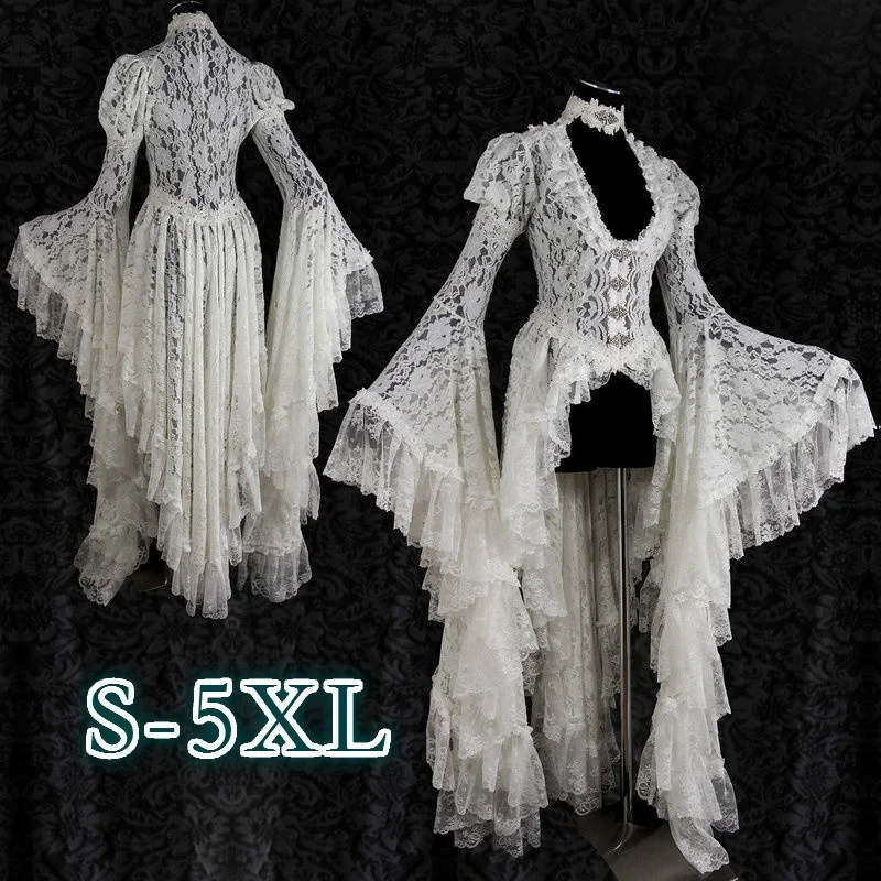 Women Vintage Solid Lace Wedding Dress Medieval Cardigan Cosplay Elegant Long Tail Pleated Outwear Victorian Ball Gown (S-5XL) |
