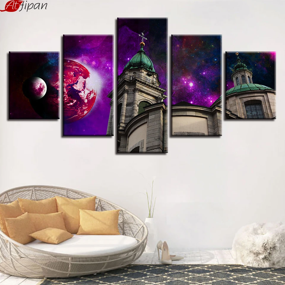 

Framework Poster Modular Pictures Canvas 5 Pieces Abstract Planet Castle Sky Night Scene Paintings Decor Room HD Prints Wall Art