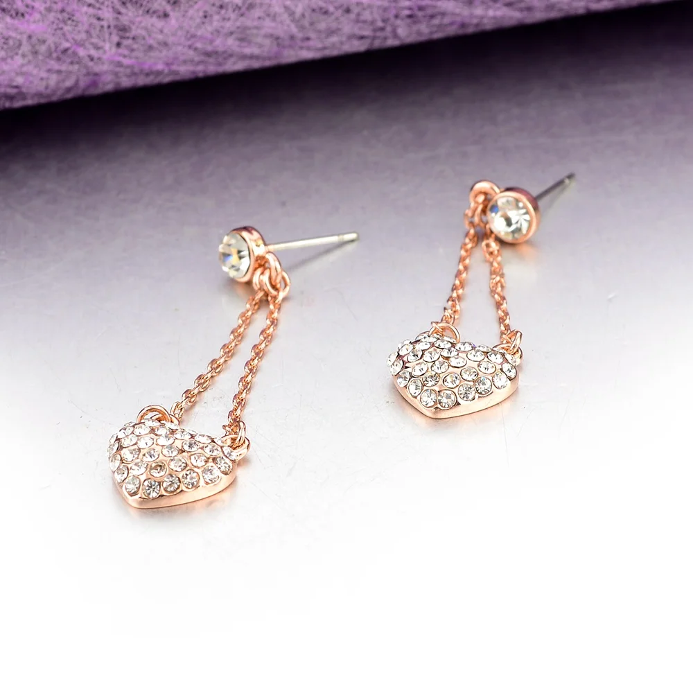Длинные серьги с кристаллами в форме сердца розовое золото Новое поступление