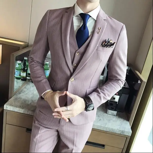 Pink Свадебное платье для мужчин, мужская официальная одежда, костюмы, куртки+ жилет+ брюки, высокое качество, Suiits одежда, мужской костюм, куртки, Размер 3XL - Цвет: Pink