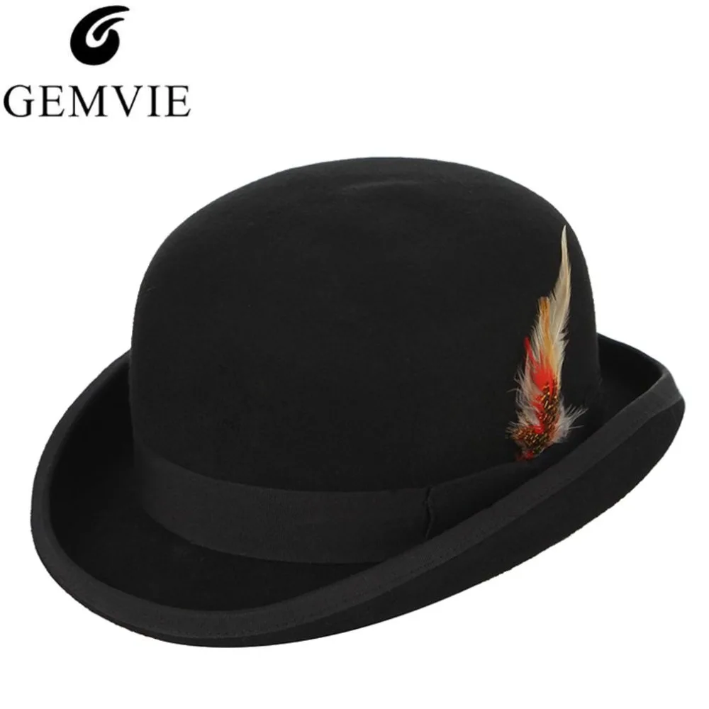 GEMVIE 4 размера Шерсть Войлок черный Дерби котелок шляпа для мужчин женщин перо атласная подкладка Повседневная официальная фетровая шляпа