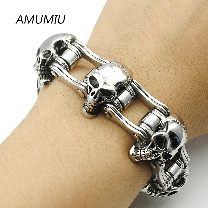 AMUMIU 23 мм широкополосный браслет с черепом мужские крутые Твердые цепи из