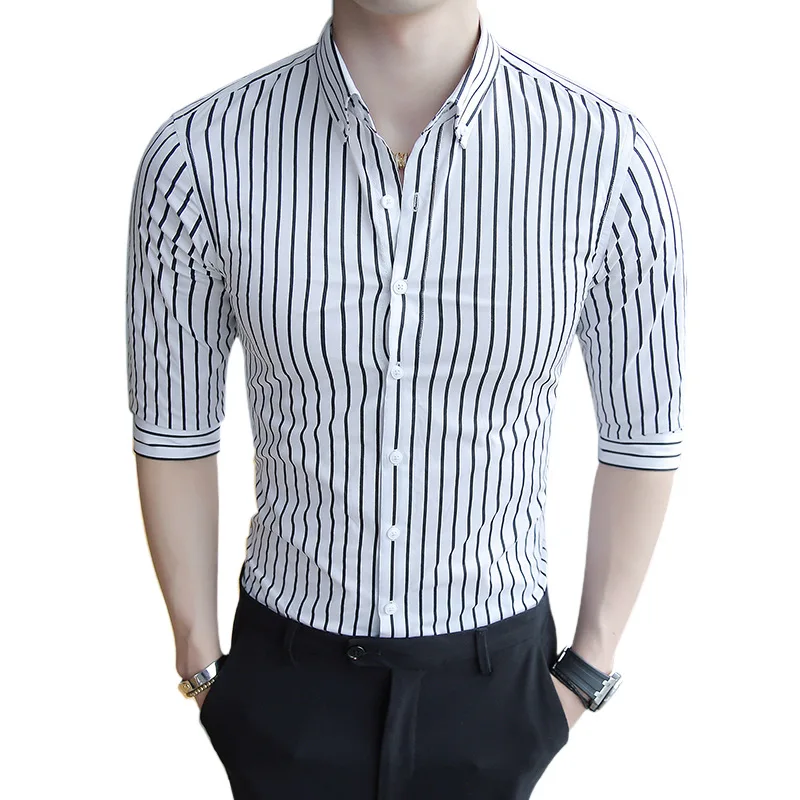 

Men's Striped Shirt Cotton Dress Shirts Male High Quality Three Quarter Slim Fit Business Smart Casual Cloth Plus Size 4XL CS55