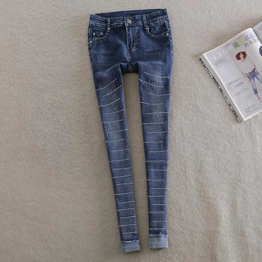 

stretch diamond beading jeans European diamond beaded ankle jeans female elastic waist diamond rhinestone pencil trousers wq2212