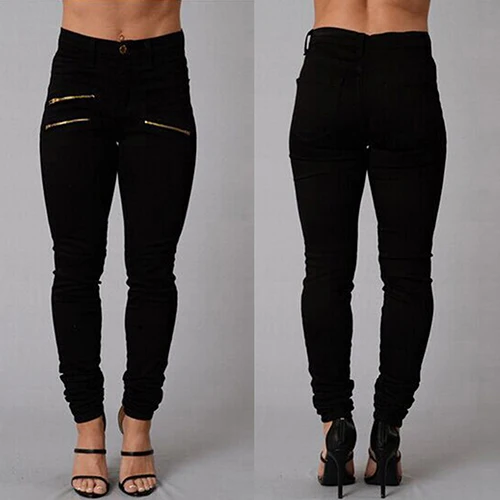 Женская Мода Высокая Талия Узкие Джинсы Стрейч Молния Декор Длинные Брюки