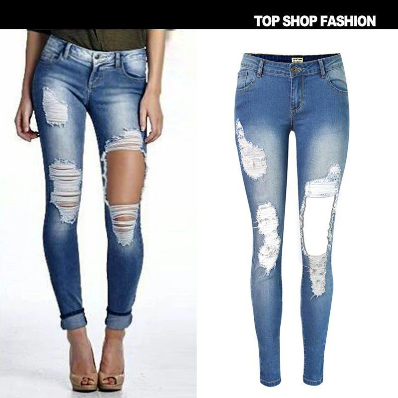 2019 Vintage Streched Holes Ripped Jeans For Women Fashion 100% Cotton Denim Skinny Pencil Pants Boyfriend | Женская одежда