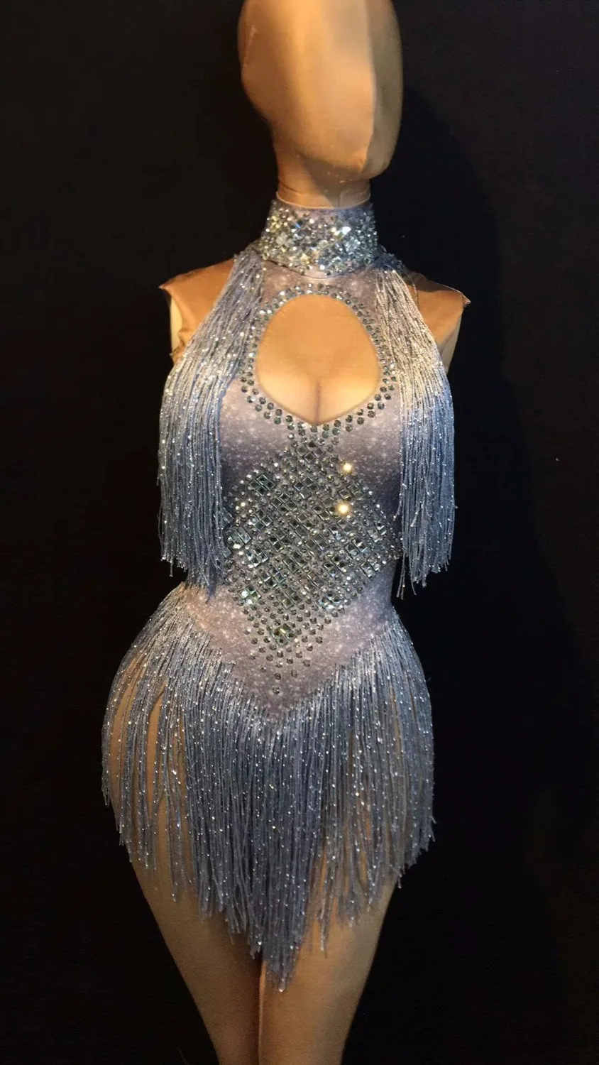 Nightclub Sexy Silver Tassel Bodysuit Sparkling Crystals Jumpsuit Birthday Party Stage Wear Dancer Singer Show Dance Costumes