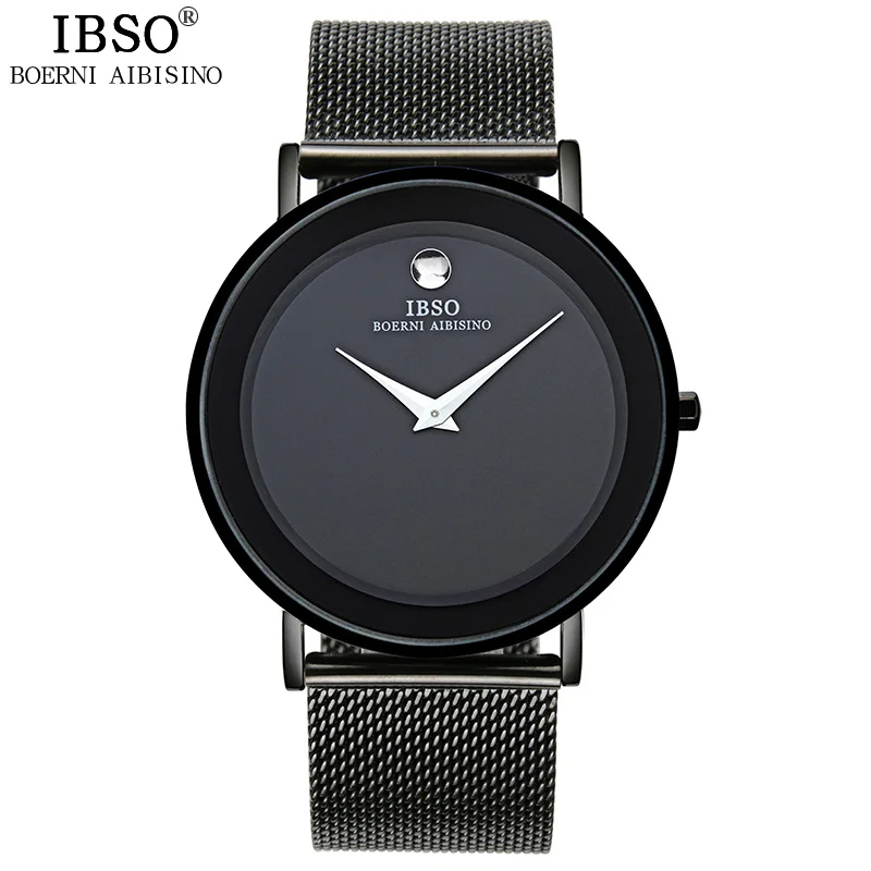 

IBSO Men's Quartz Watches 6MM Ultra-thin Dial Mesh Stainless Steel Strap Watch Men Simple Black Wristwatch Relogio Masculino