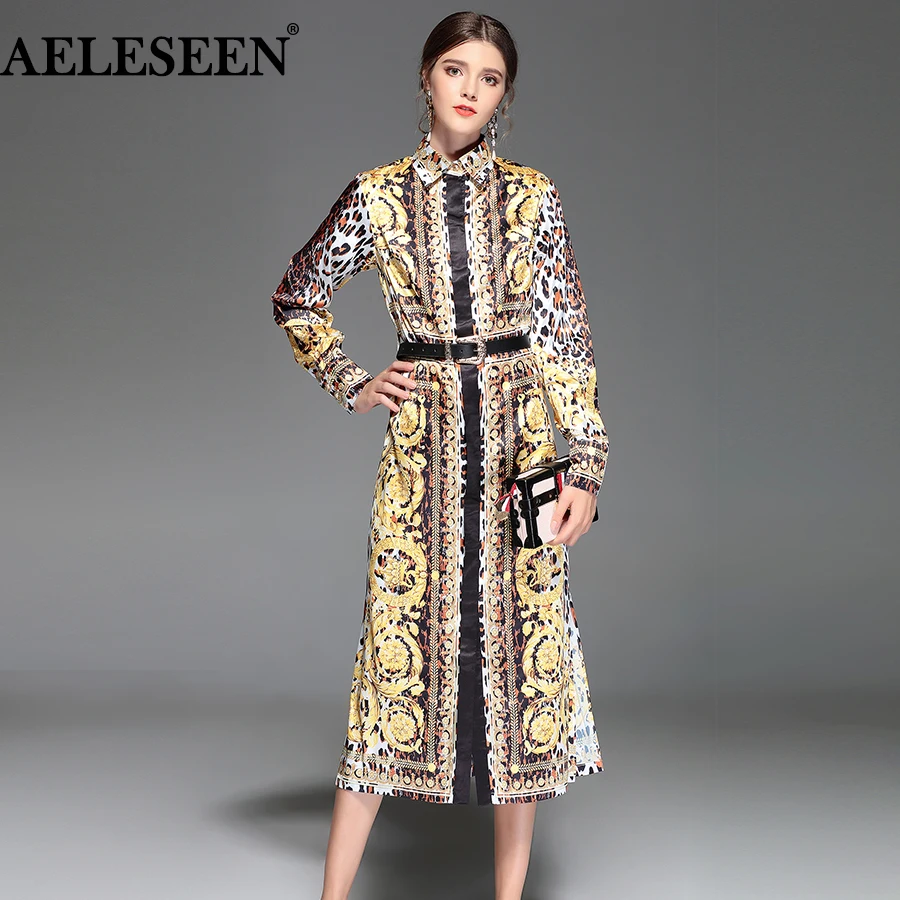 AELESEEN Vintage Runway Dress Women Summer Fashion Sashes Mid-Calf Plus Size XXXXL Split Luxury Leopard Print Dress