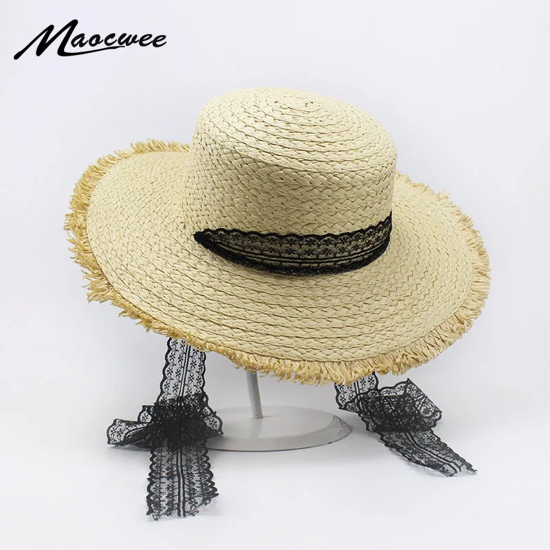 

Summer Boater Hats for Women Straw Sun Hat Lady Girls Lace Ribbon Bow Panma Beach Hat Floppy Female Travel Folding Chapeu