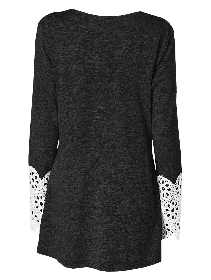 Fashion Women Lace Panel Long Sleeve Top Silm Fit Basic Tees Solid T-shirt Casual Shirt Round Neck Floral Slim Ladies T Shi | Женская