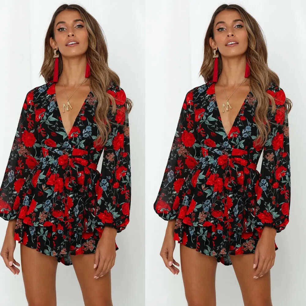 Модные женские с длинным рукавом Boho комбинезон с растительным узором Bodycon Праздник партия Летний Пляжный комбинезон и комбинезон Брюки Новинка