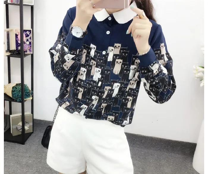 Фото L & Y/модная шифоновая блузка с рисунком кота из мультфильма рубашка топы женские L & Y/модная шифоновая блузка с рисунком кота из мультфильма рубашка топы женские