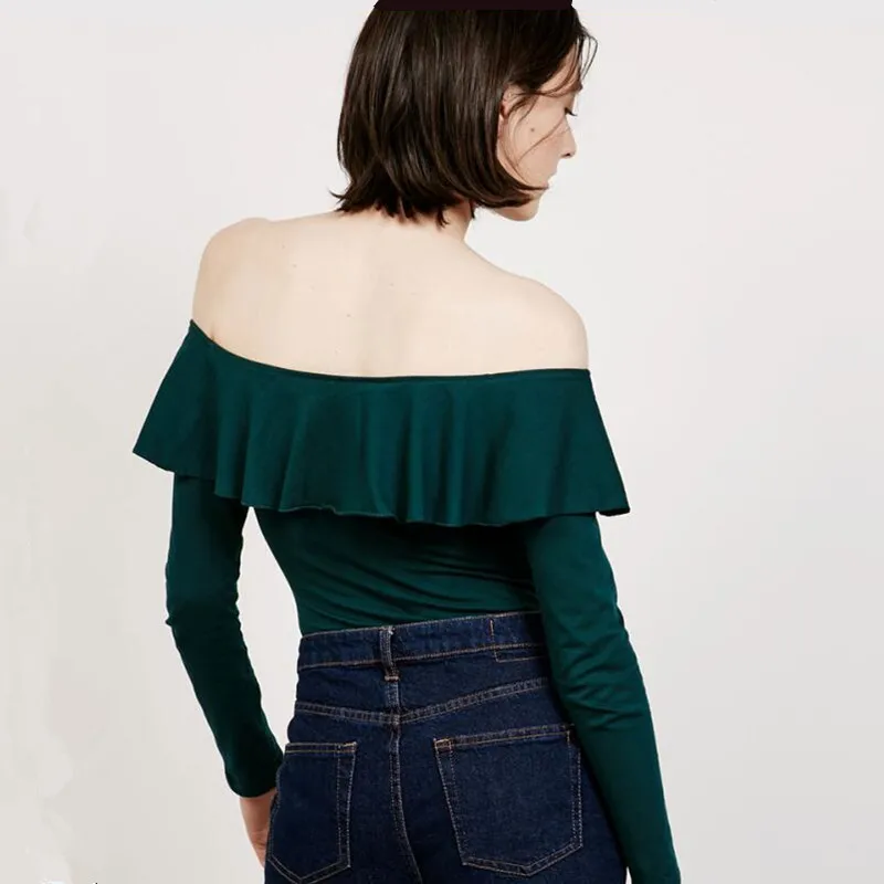 Весна 2020 сексуальные футболки с воротником-лодочкой и оборками топы женская