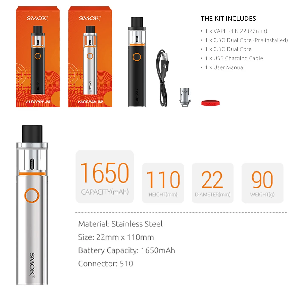 Электронных сигарет SMOK Vape ручка 22 комплект с 5 шт 0.3ohm vape катушки встроенный 1650 мА/ч