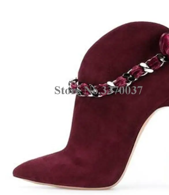10cm wine red Женские модные стильные Замшевые полусапожки с острым носком и ремешком-цепочкой на металлической шпильке; розовые ботильоны с бантом - Цвет: 10cm wine red