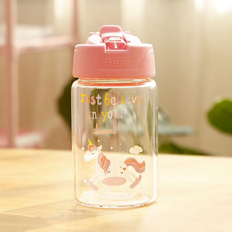 300ml Pink Стеклянная бутылка для воды с единорогом для детей с соломинкой и откидной крышкой для девочек, герметичная дорожная бутылка для напитков без бисфенола, 300 мл, 400 мл - Цвет: 300ml Pink