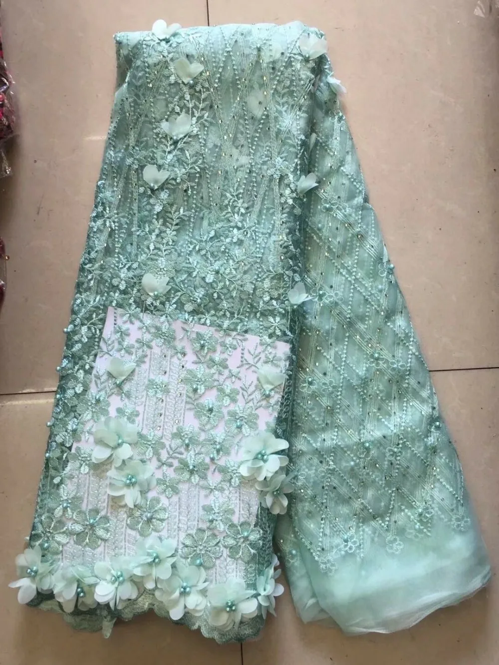 

Wholesale High Quality Nigerian French Cord Lace Fabric 3D Flowers African Embroidered Wedding Lace Fabric With Bead TTN06