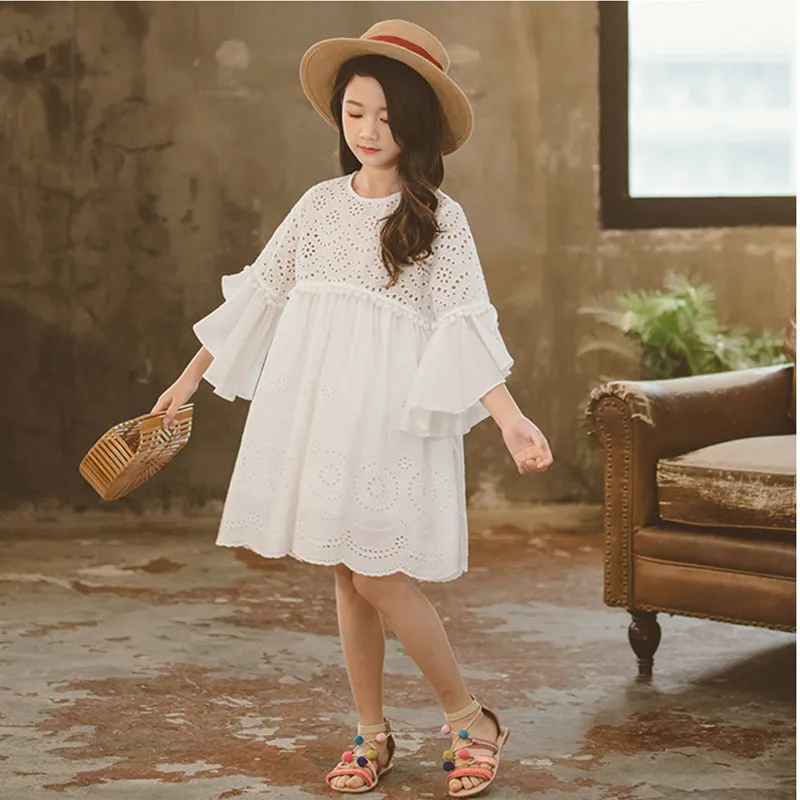 От 3 до 12 лет Детские и большие девочки летние белые хлопковые кружевные