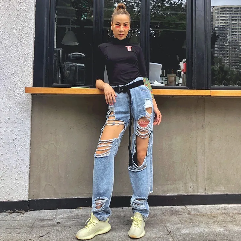 TWOTWINSTYLE Streetwear Ripped Hole Straight Denim Pants For Women High Waist Pants Female Fashion Clothes Summer New